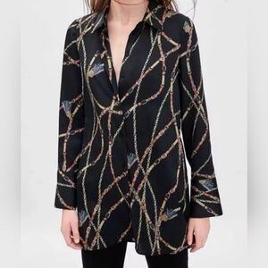 Zara  Size Large Black Buttoned Tunic Blouse Long Sleeve Geometric